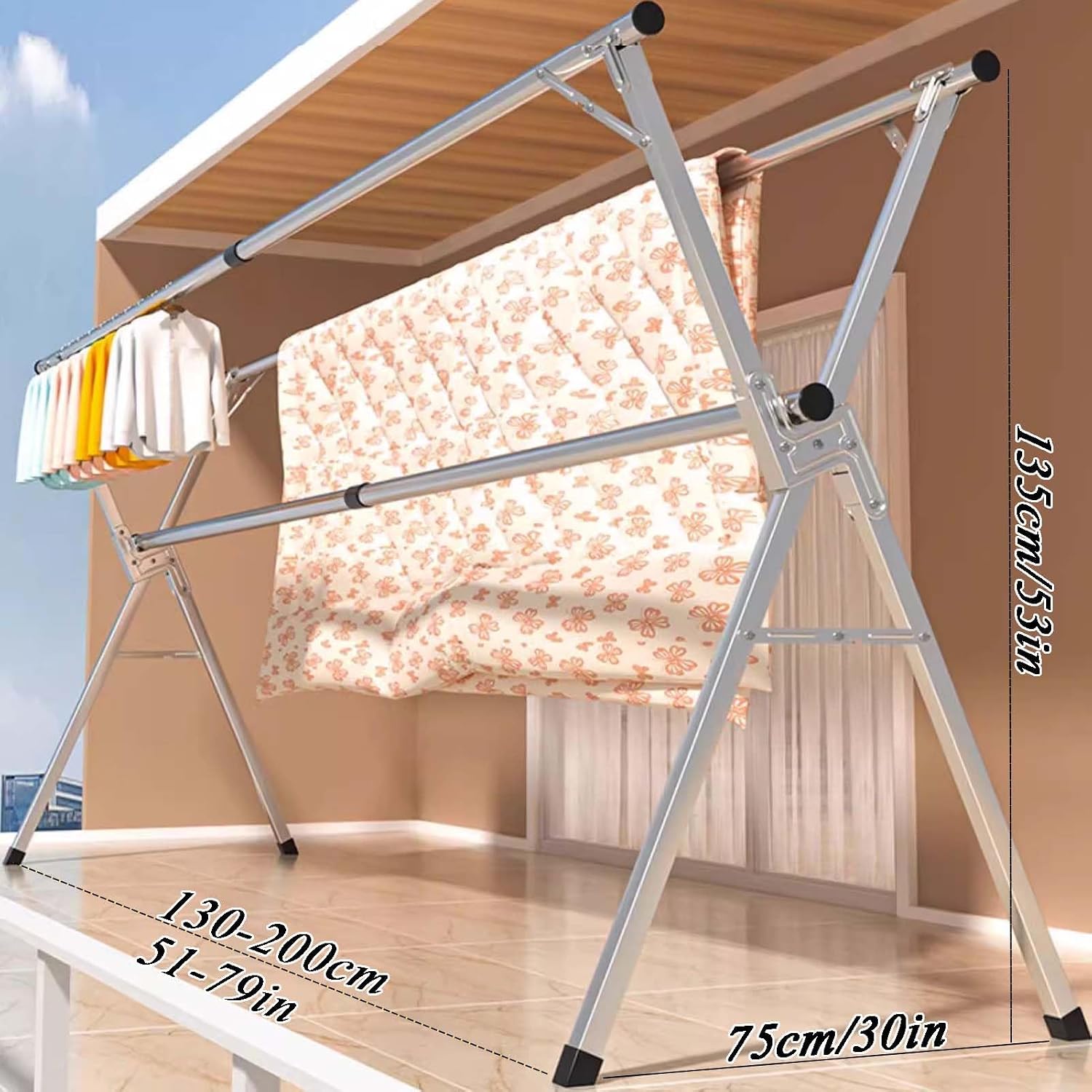 Clothes Drying Rack Foldable Indoor, Heavy Duty Outdoor Laundry Drying Rack, Space Saving Hanger Rack, Length Adjustable Garment Rack, Collapsible, for Clothes, Towels, Linens