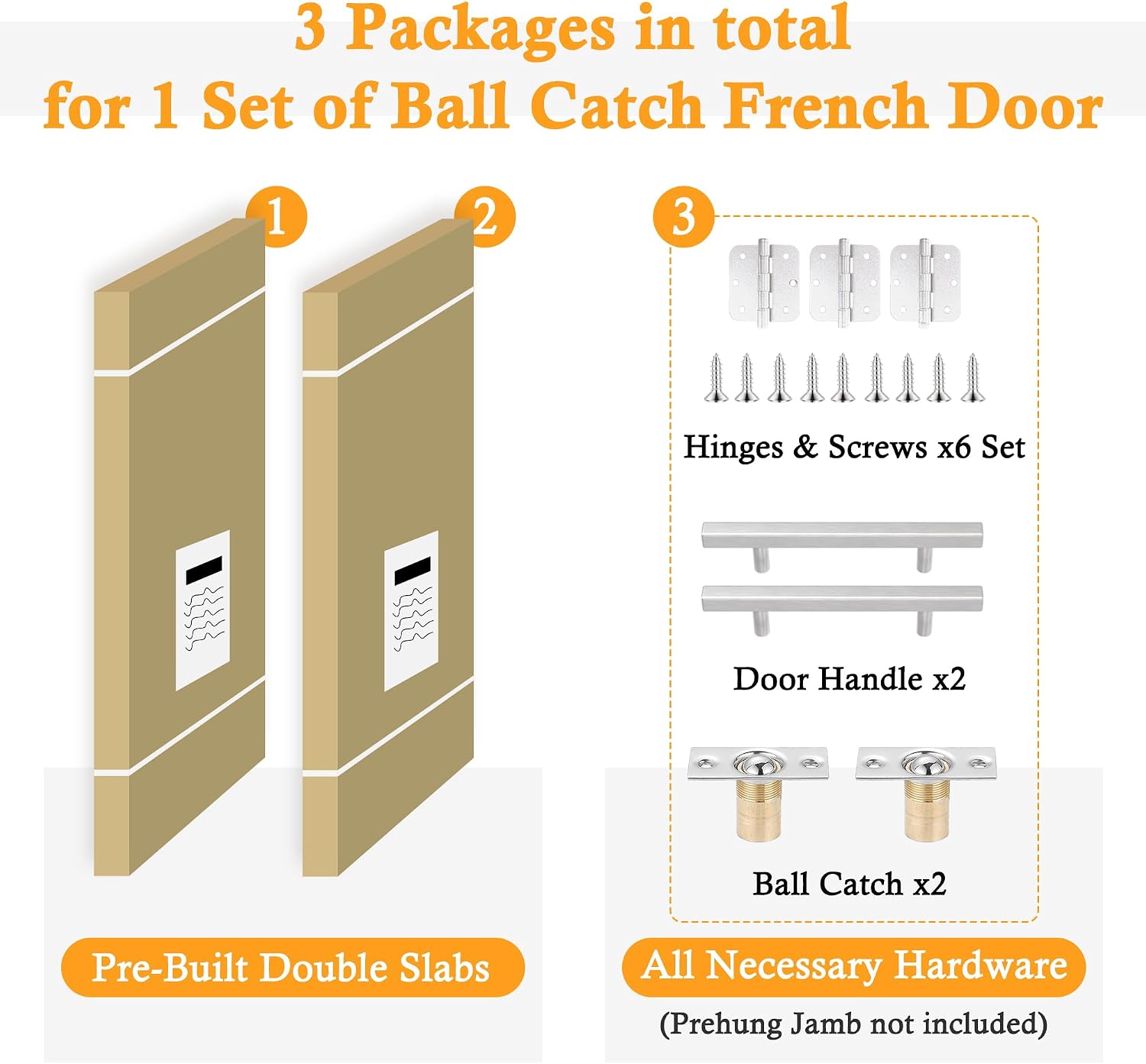 56' x 80' Ball Catch French Doors, 3 Panel Clear Glass Solid Core Pre-Finished & Paintable Double Doors with Ball Catches & Hinges & Handles, White Door, Swing Closet Door Interior