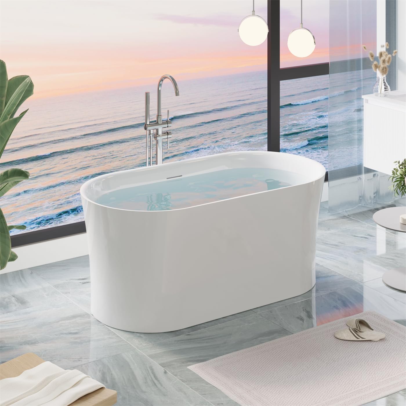 WELLFOR 59 Inch Acrylic Freestanding Bathtub, 80 Gallons Capacity White Soaking Tub, Freestanding Soaking bath tub with Chrome Bathtub Drain and Groove Overflow, Glossy White