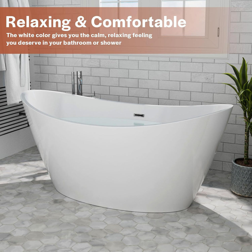 Empava Freestanding Bathtub,59 in Soaking Tub,Luxury Acrylic Stand Alone Tub Included Overflow and Drain for Bathroom, Glossy White,cUPC Certified