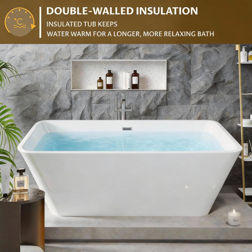 59' Acrylic Freestanding Bathtub with Chrome Drain Kit, Contemporary Square Soaking Tub with Overflow and Flexible PVC Drain Pipe, Double-Walled Insulation, cUPC Certified, Glossy White Finish