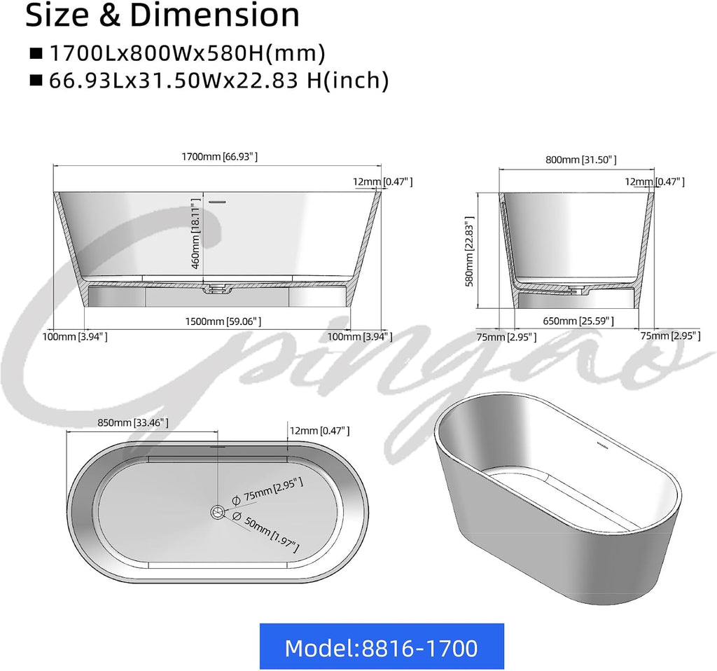 Cpingao 67' Solid Surface Freestanding Bathtub, Modern Oval Stone Resin Stand Alone Soaking Tub with Drain & Overflow, Matte White 8816-1700