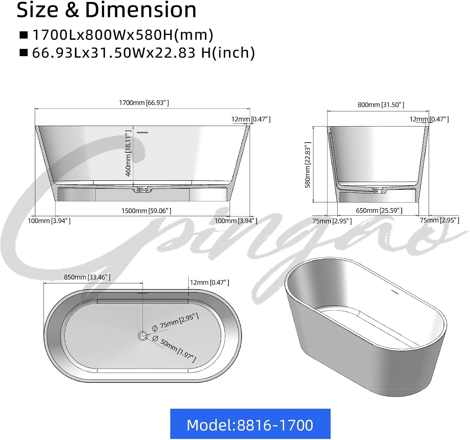 Cpingao 67' Solid Surface Freestanding Bathtub, Modern Oval Stone Resin Stand Alone Soaking Tub with Drain & Overflow, Matte White 8816-1700