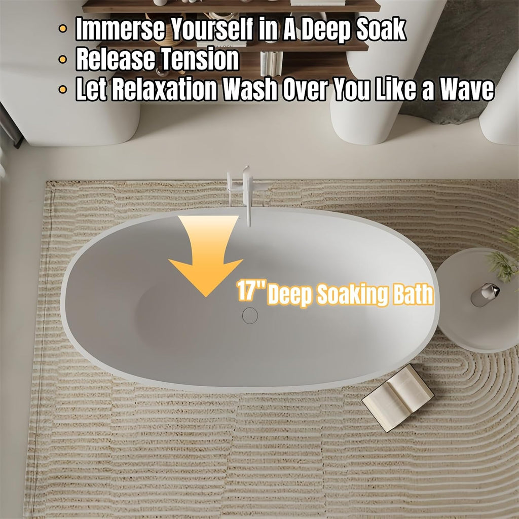 56' Edeyeu Freestanding Bathtub - Oval Deep Soaking Tub with Engineered Stone Build, Ergonomic Backrest and Heat-Retaining Layers, Luxury Solid Surface Bathtub for Modern Bathrooms Orange