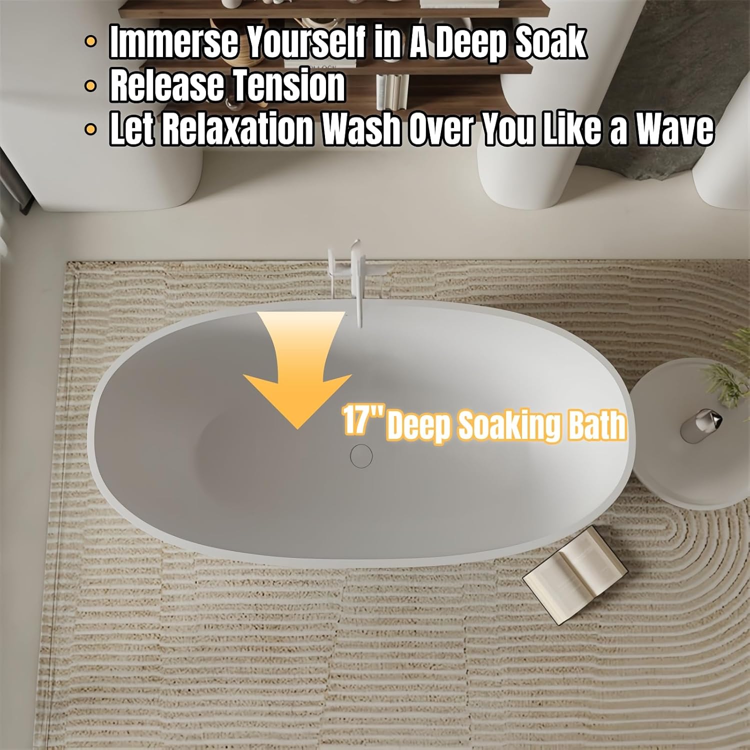56' Edeyeu Freestanding Bathtub - Oval Deep Soaking Tub with Engineered Stone Build, Ergonomic Backrest and Heat-Retaining Layers, Luxury Solid Surface Bathtub for Modern Bathrooms Orange