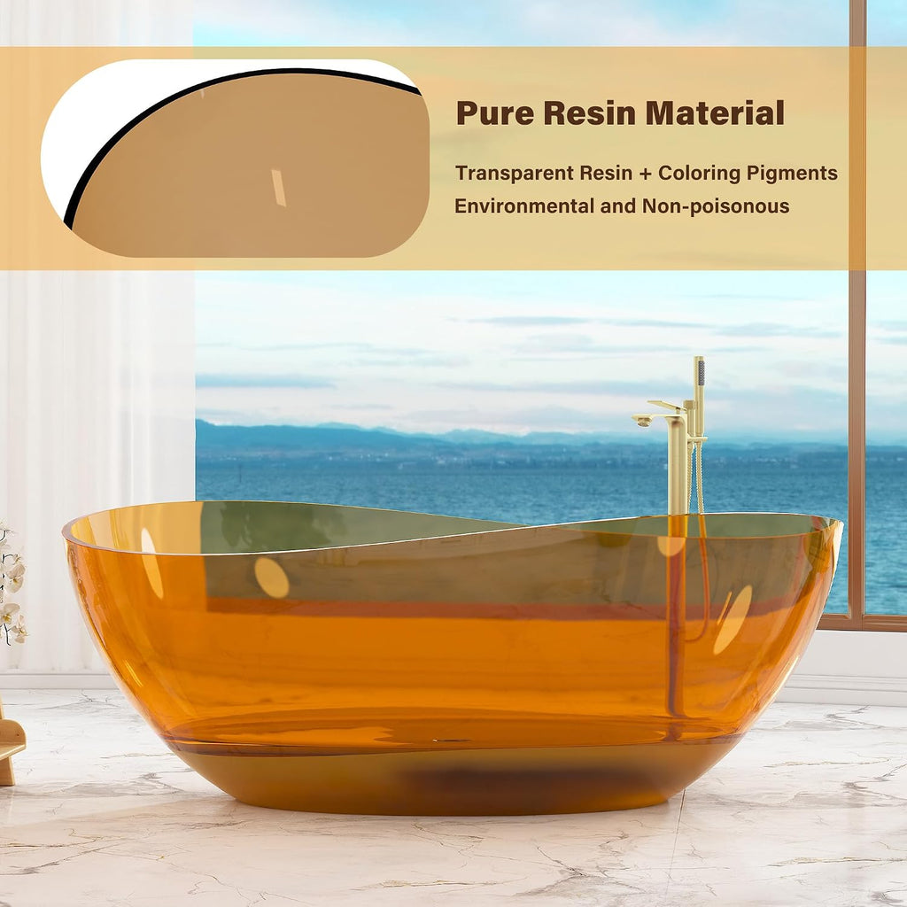 CASAINC 63' Freestanding Bathtub Transparent Resin Soaking Tub Modern Oval Design Stand Alone Tub with Pop-up Drain, 65.52 Gallons Water Storage Capacity and 385 MM Soaking Depth, Transparent Coffee