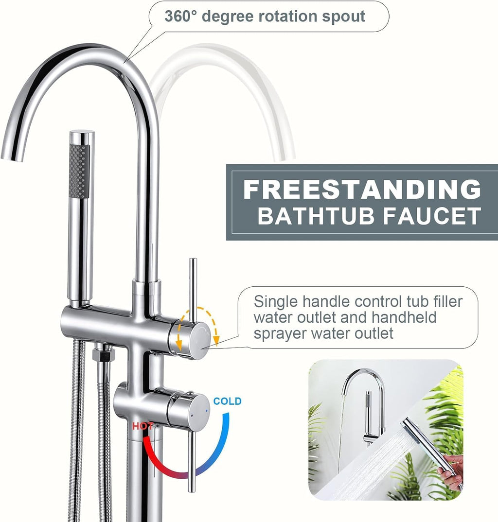 Freestanding Tub Filler Faucet, Floor Mount Chrome Bathtub Faucet with Single Handheld Shower, Brass Shower Tub Faucet Set Complete, Bathtub Faucet with Shower