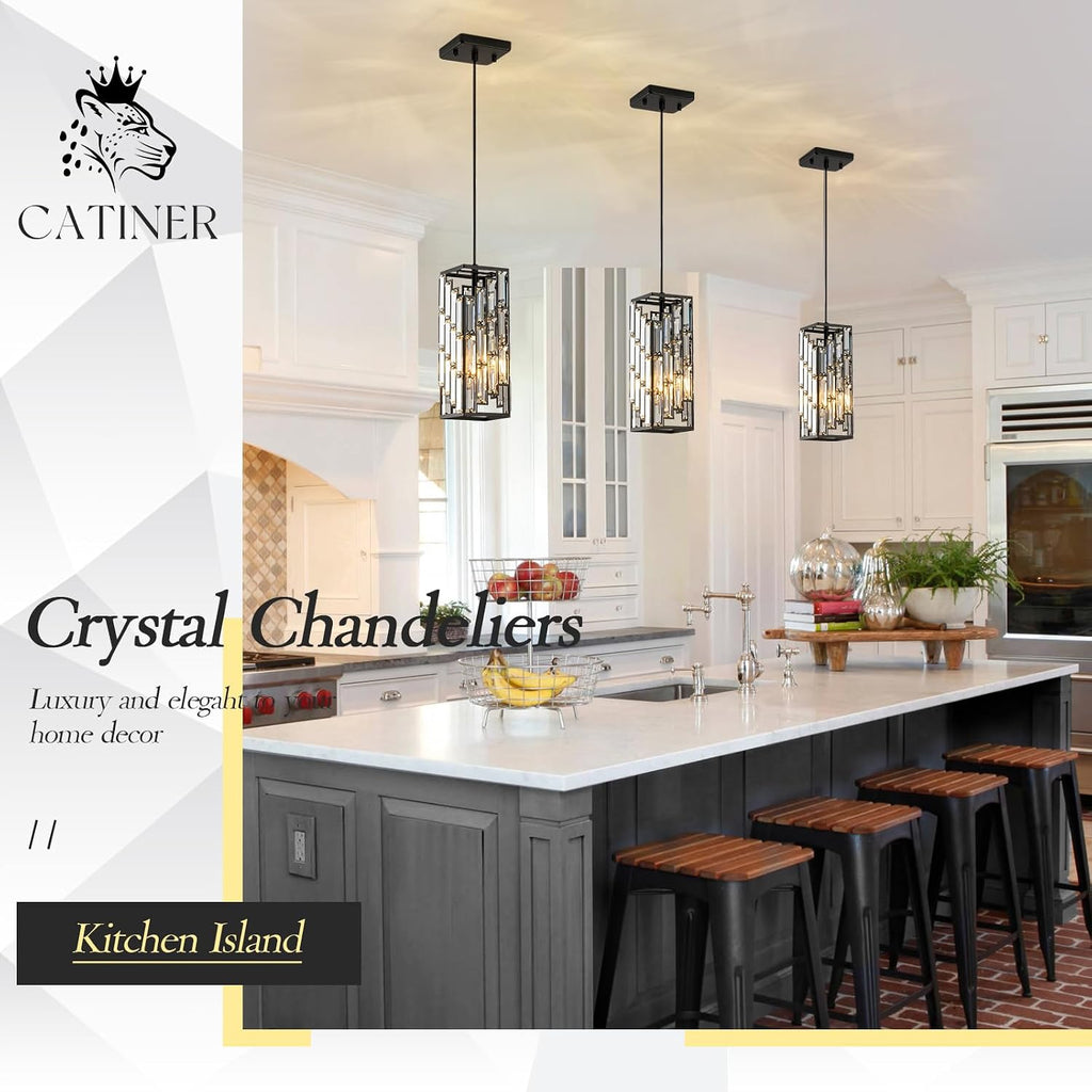 CATINER Black Crystal Pendant Lights 3 Pack, Mini Hanging Pendant Lighting Fixture with Adjustable Cord, Modern Kitchen Island Pendant Lights for Dining Room, Bedroom, Hallway, E26 Base