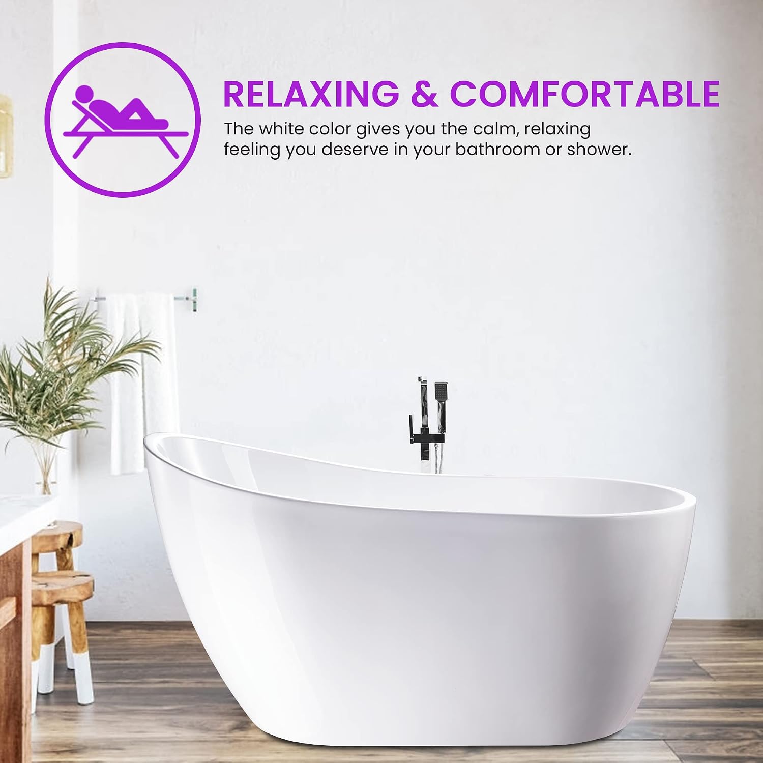 Vanity Art 54 X 28 Inch White Acrylic Freestanding Bathtub | Contemporary Design Soaking Tub with Pop-up Drain and Slotted Overflow Included, UPC Certified VA6525-BN