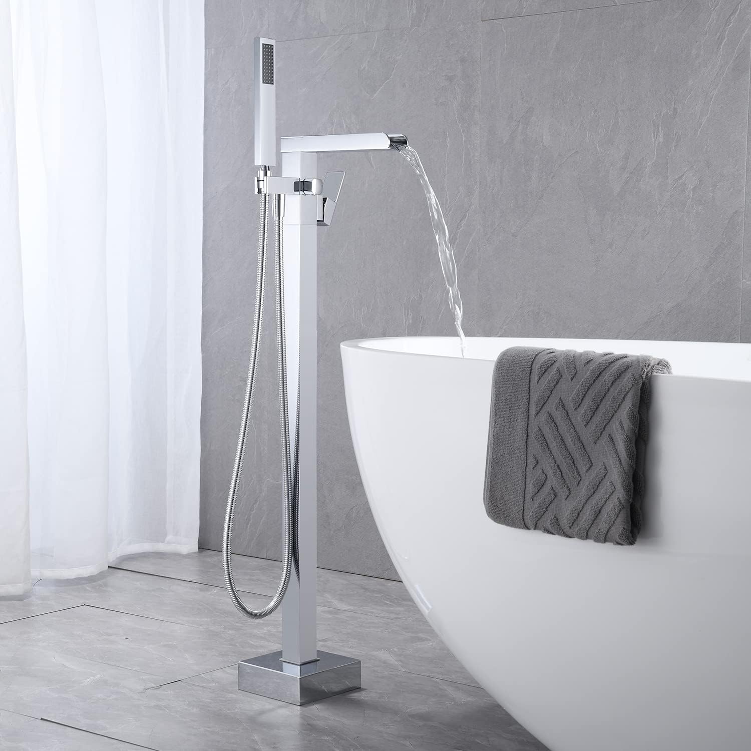 Wowkk Freestanding Tub Filler Waterfall Bathtub Faucet Chrome Floor Mount Brass Single Handle Bathroom Faucets with Hand Shower