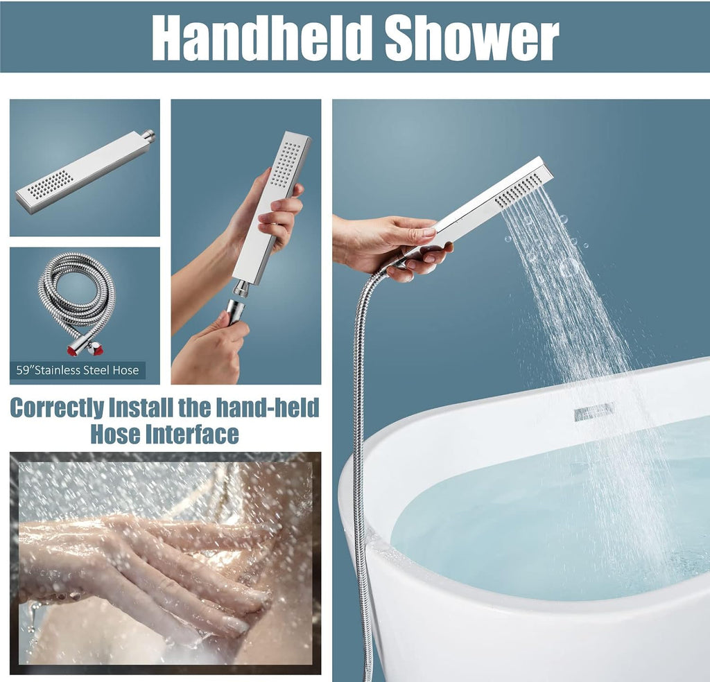 Aolemi Freestanding Bathtub Faucet Floor Mount Tub Filler with Handheld Spray Single Handle Free Standing Bathroom Faucets Swivel Curved Waterfall Spout Polish Chrome