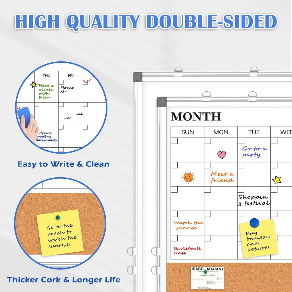 Large Monthly Dry Erase Calendar Whiteboard for Wall, 48' x 36' Double-Sided Big Calendar White Board Cork Board Combo, Aluminum Framed Month Planning Bulletin Board for Office, School, Home