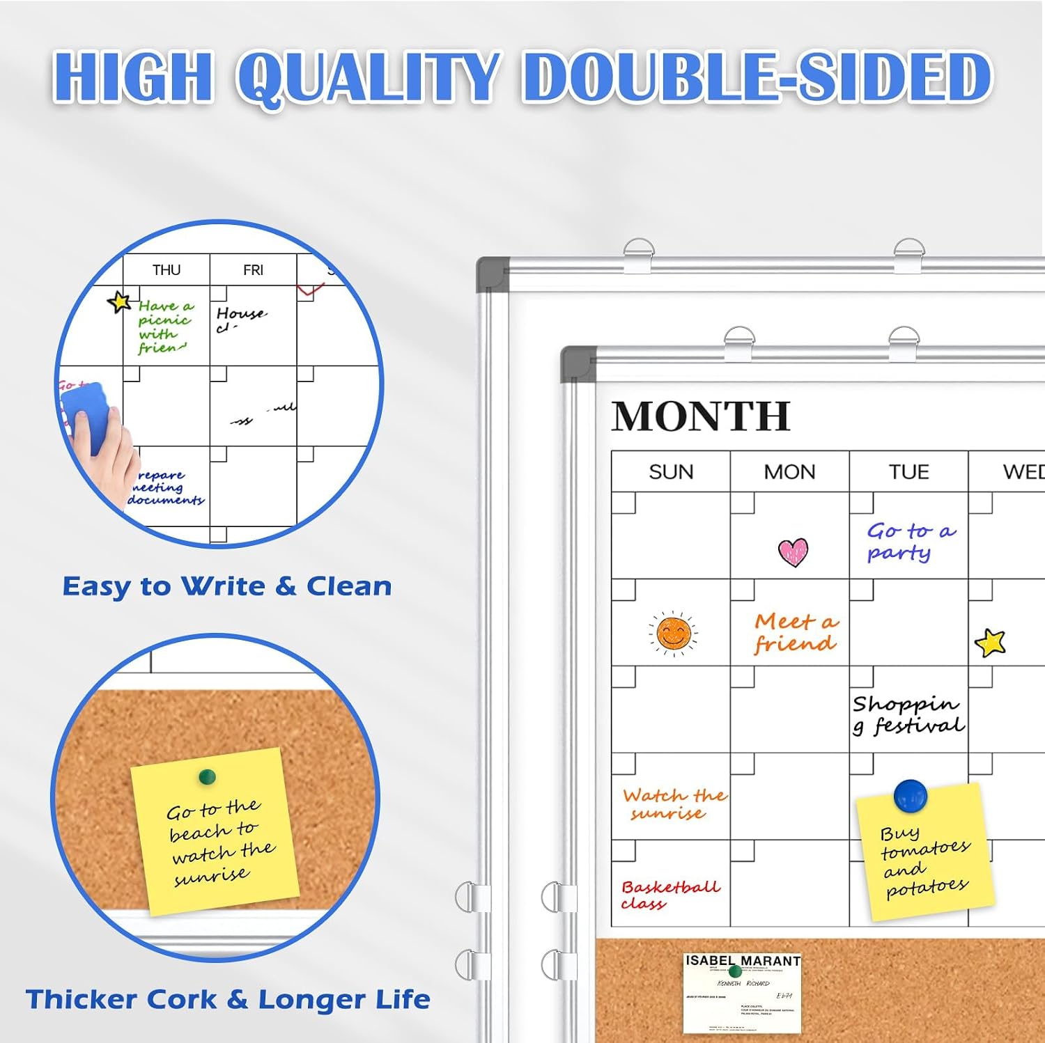 Large Monthly Dry Erase Calendar Whiteboard for Wall, 48' x 36' Double-Sided Big Calendar White Board Cork Board Combo, Aluminum Framed Month Planning Bulletin Board for Office, School, Home