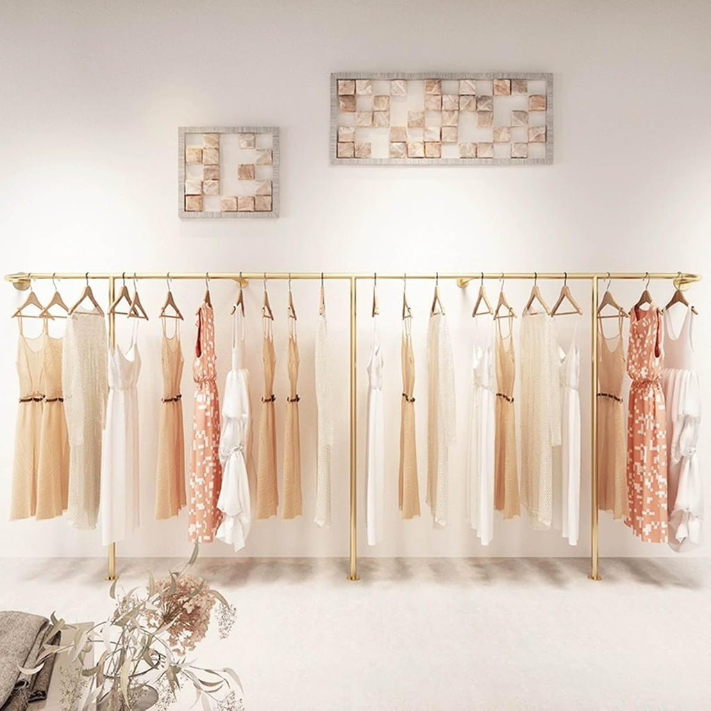Wall-mounted Retail Clothing Display Stand, Boutique Creative Gold Industrial Pipe Clothing Rack ，commercial Clothing Store Display Metal Garment Rack，laundry Room Hanging Clothing Rod, 350cm