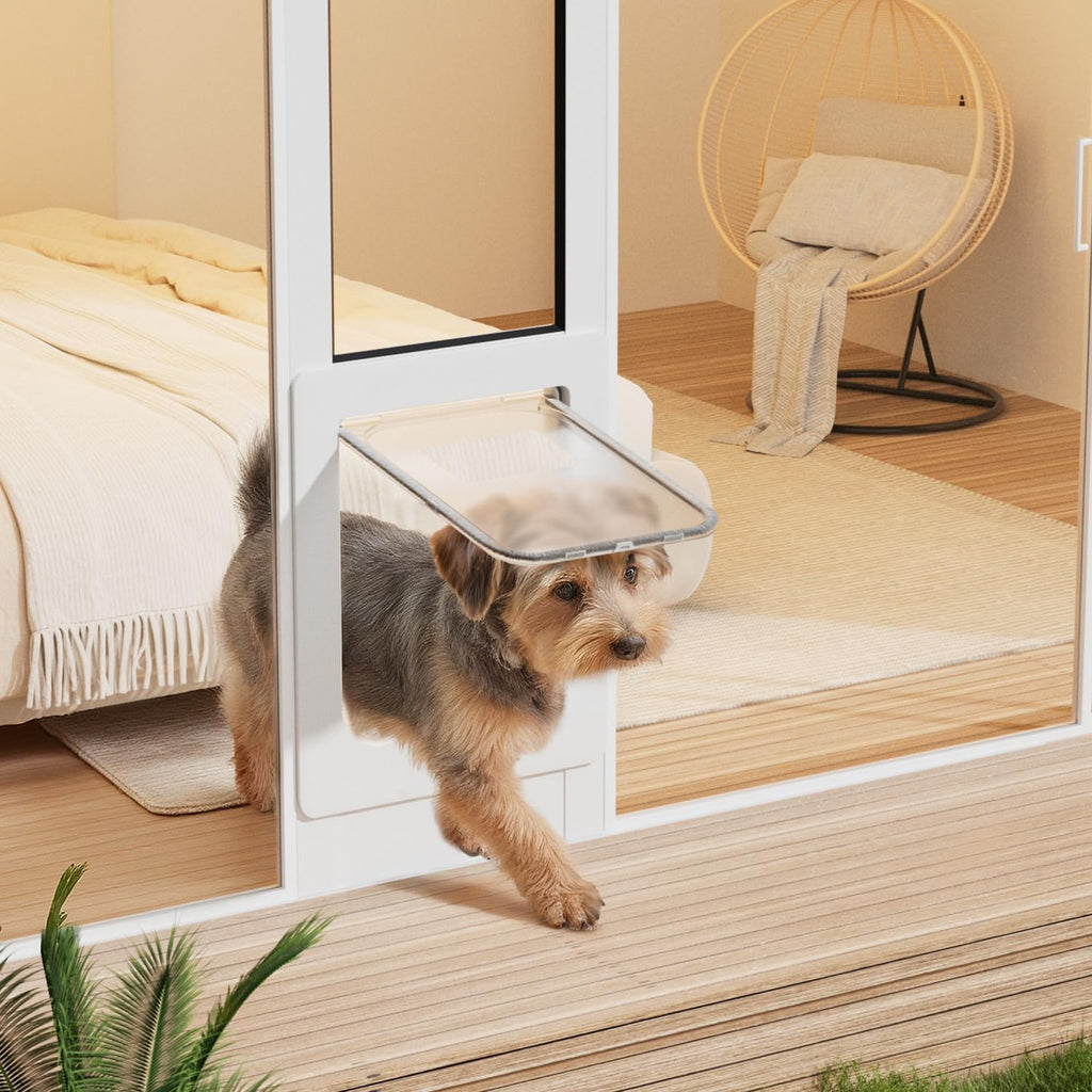 Dog Door for Sliding Glass Door with Magnetic Plastic Flat, Sliding Door Pet Doggie Door Insert with Lock, Adjustable Height No-Cut Required Doggy Door Access Renters, Apartments, Patio (White, M)