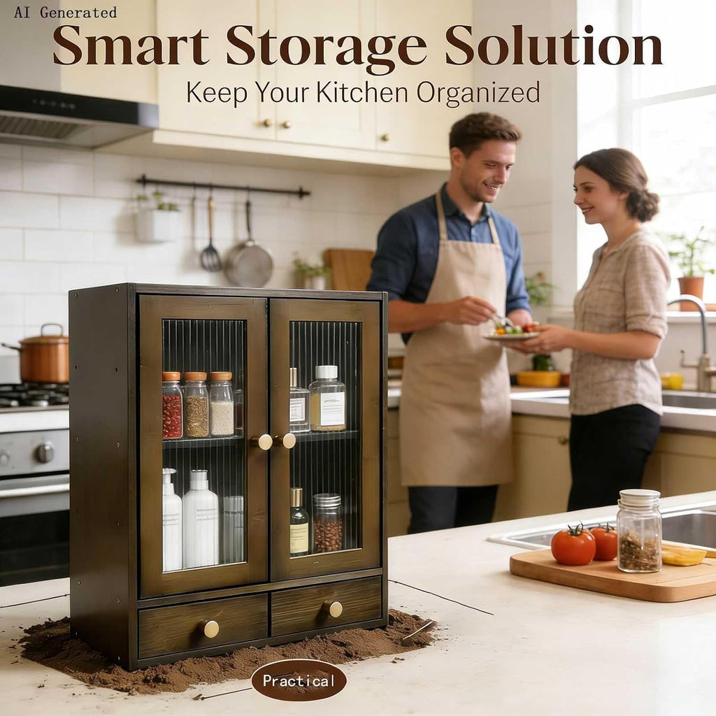 with Magnetic Door Countertop Cabinet，Storage Cabinet, Sideboard，Nanzhu Organizer for Kitchen Living Room Bedroom Bathroom Office with a drawer14.6x6.7x18.1(Brown