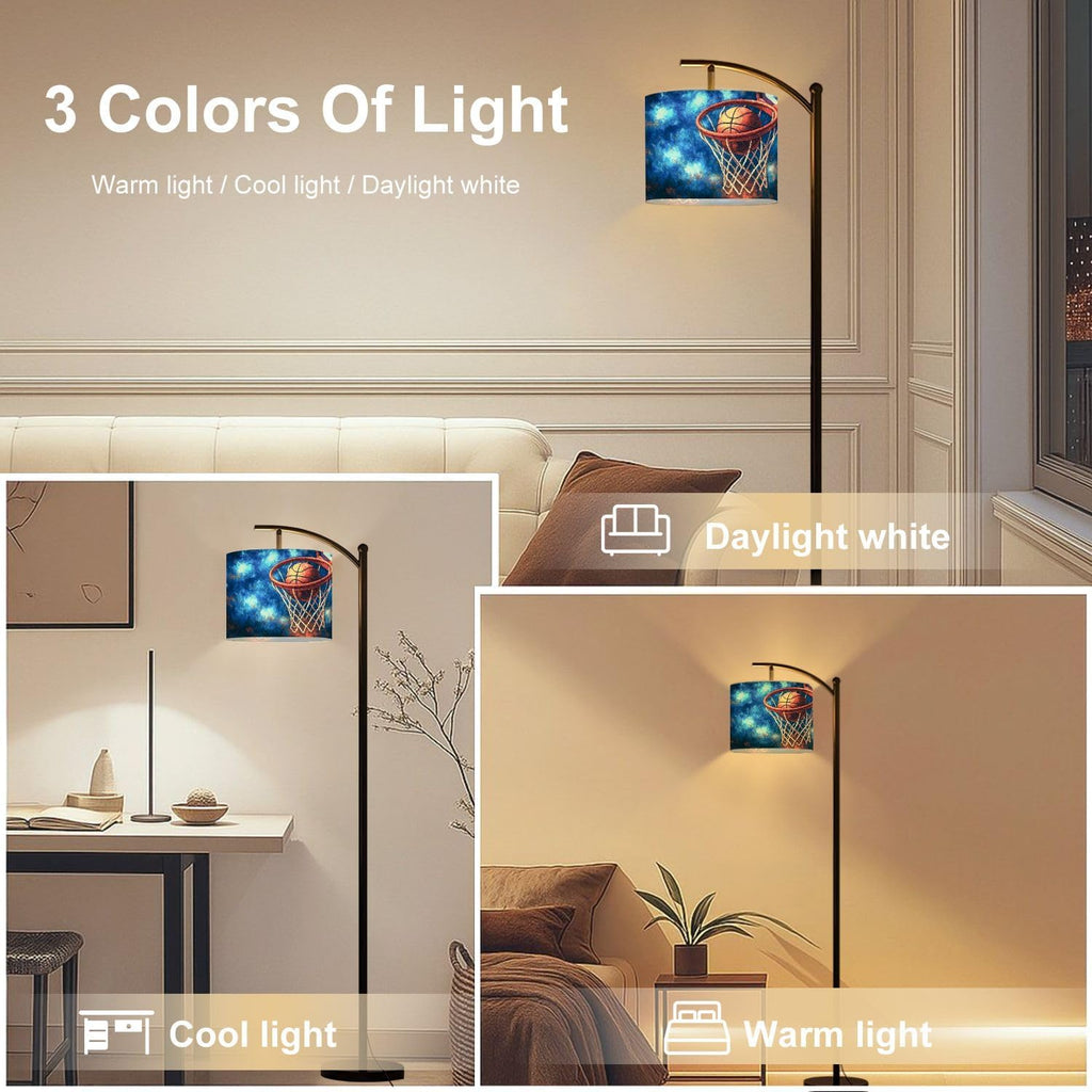 Arc Floor Lamp Sports Baseball Sport Theme Vintage Basketball Hoop Net Sky Dynamic Tall Standing Lamp Modern Dimmable with Remote Adjustable Drum Shade Footswitch for Living Room Bedroom Office