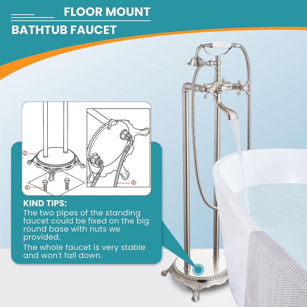 gotonovo Freestanding Bathtub Faucet Floor Mount Tub Filler with Double Cross Knobs 360° Rotation Spout High Flow Floor Standing Bathtub Shower Trumpet Shape Handheld Spray Brushed Nickel