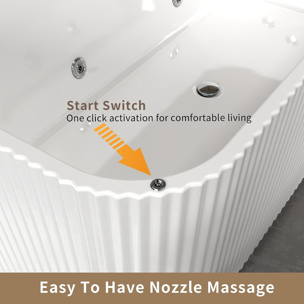 67'Luxury Freestanding Rectangular Massage Bathtub with 10 Hydrotherapy Jets, Glossy White Acrylic, Chrome Pop-up Drain, cUPC Certified,Gloss White