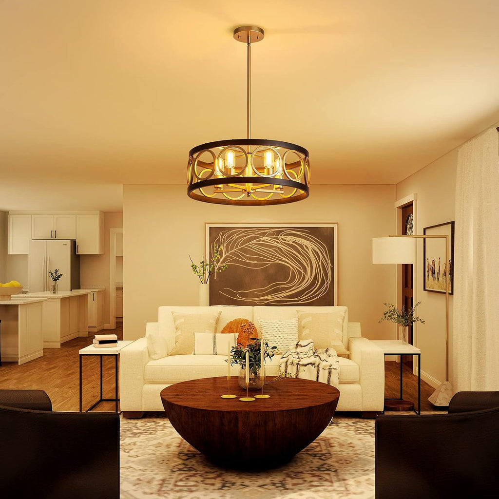 XINGQI 21.7'' Drum Chandelier, 5-Light Rustic Pendant Lighting Modern Farmhouse Chandeliers for Living Room Dining Room Bedroom, Black and Gold Finish Round Metal Ceiling Light Fixture