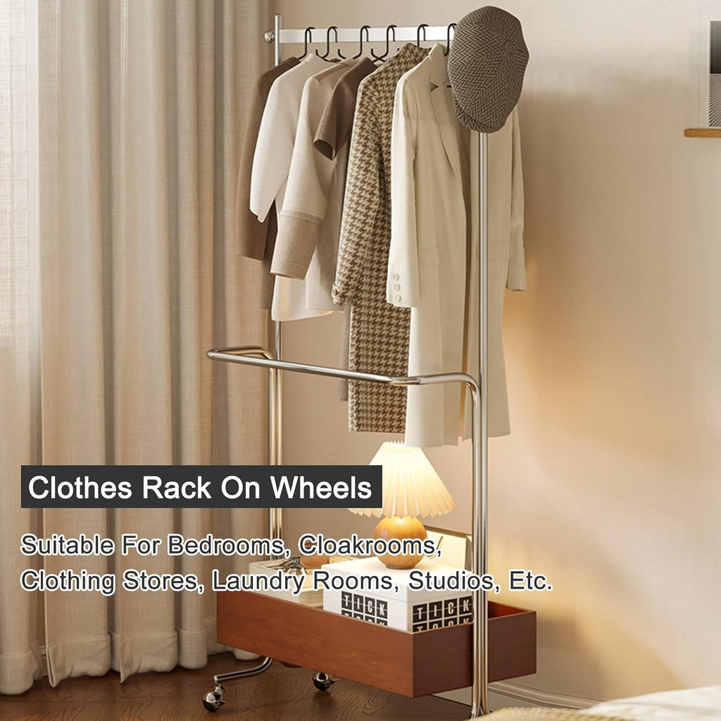 70inch Double Rod Clothes Rack With Wheels, Rolling Garment Rack With Storage Shelves Heavy Duty Metal Wood Clothing Rack For Bedroom, Living Room, Bathrooms(Black)