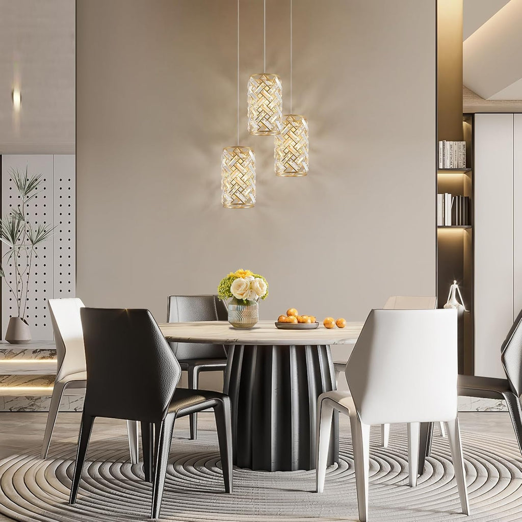 CATINER Modern Crystal Pendant Light Fixture 3-Pack Gold Finish Hanging Lighting Crystal Chandelier for Kitchen Island