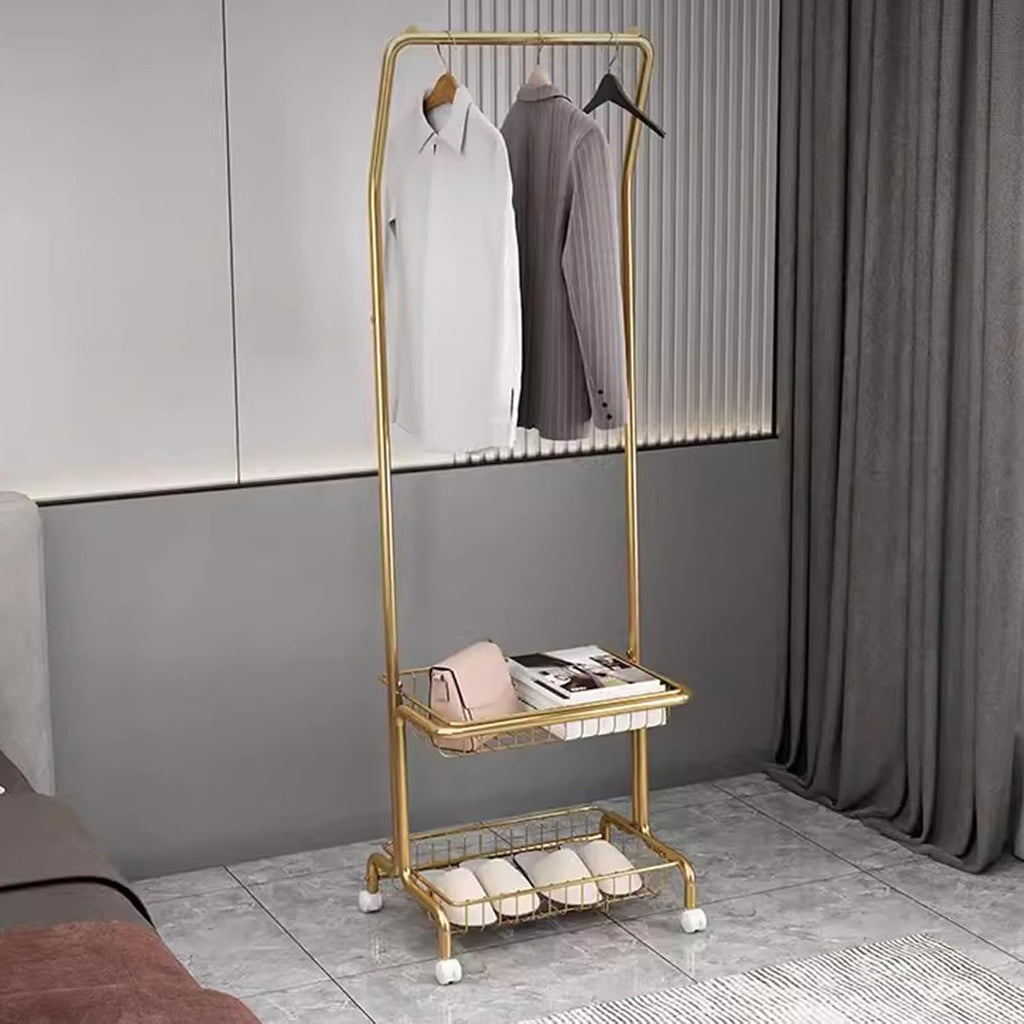 Heavy Duty Coat Rack, Garment Rack 2-in-1 Clothes Rack with 2 Storage Basket, Heavy Duty Metal Clothing Rack with Wheels, Rolling Clothes Organizer for Hanging Clothes, Freestanding Coat Rack (Gold)