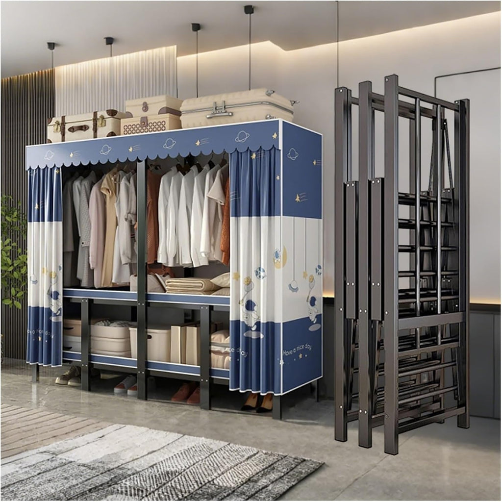 Heavy Duty Foldable Portable Wardrobe Closet With Cover, Portable Closet For Bedroom, Metal Garment Rack Closet, Enclosed Curtain For Hanging Clothes(Blue,66.9inch)