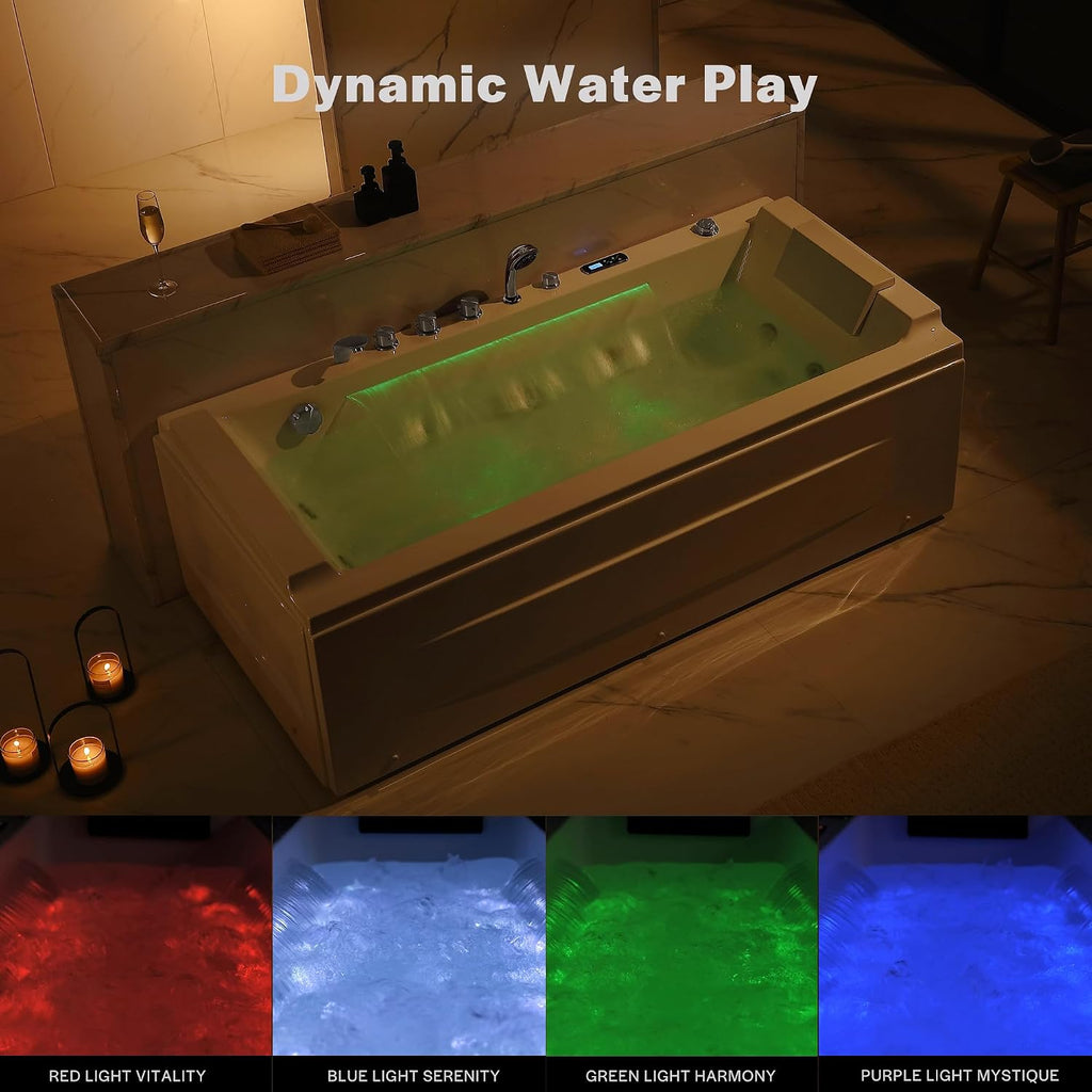 Empava Acrylic Whirlpool Bathtub, 71-Inch Jetted Bathtub with Healing Chromotherapy, Heated Soaking Tub with LED Control Panel, Comforting Hydro Massage Tub with Waterfall Joy, Black Pillow