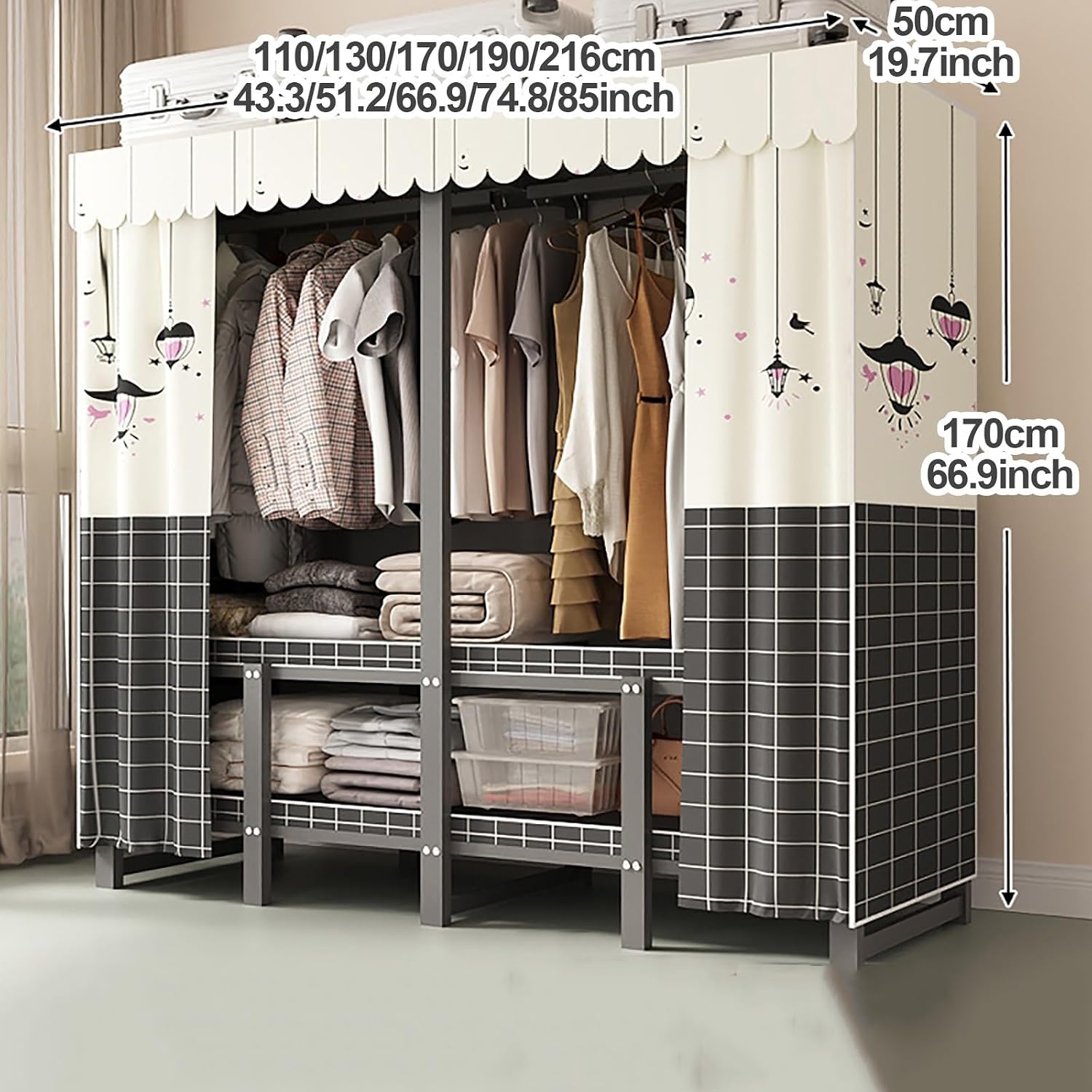 Heavy Duty Wardrobe Closet With Cover, Portable Clothing Racks Coat Storage Organizer, Foldable Metal Garment Rack For Bedrooms, Clothes Rack For Hanging Clothing(Yellow 3,170x50x170cm)