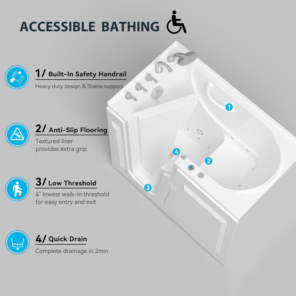 FerdY Floridian 52'x 30' Walk-in Whirlpool Bathtub with 14 Air Water SPA Jets and Left-Side Door Opening and Quick Fill and Drain System, Rectangular Soaking Bathtub in White