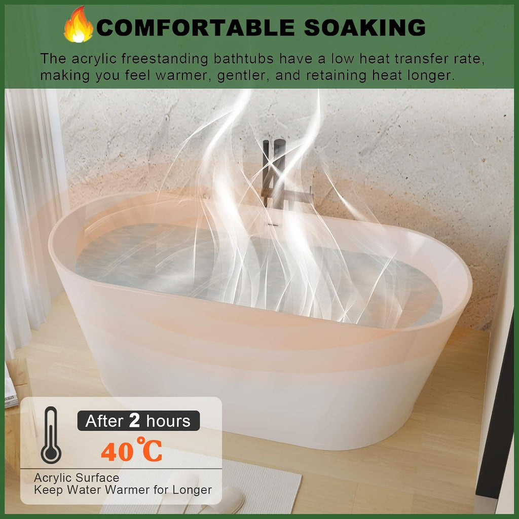 55' Freestanding Acylic Soaking Bathtub Contemporary Stand Alone Tub with Toe-Tap Chrome Drain & Overflow for Home, Long-Lasting Warmth, Gloss White