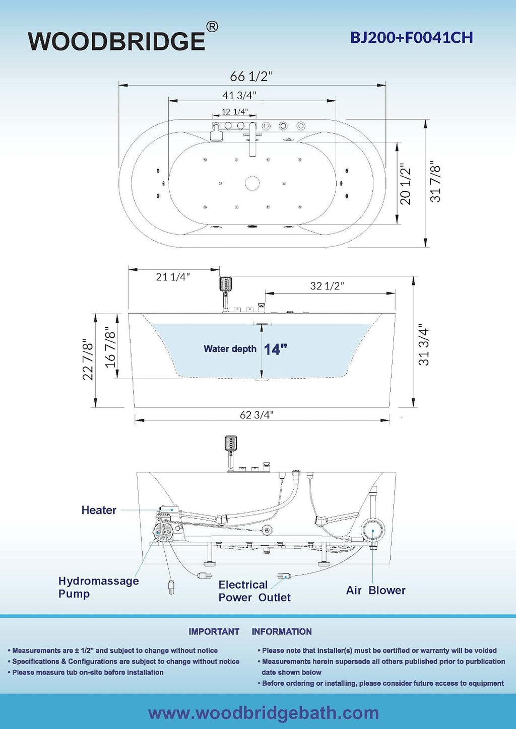 WOODBRIDGE 66-1/2' x 31-7/8' Whirlpool Water Jetted and Air Bubble Freestanding Heated Soaking Combination Bathtub with Faucet,BJ-200+F0041