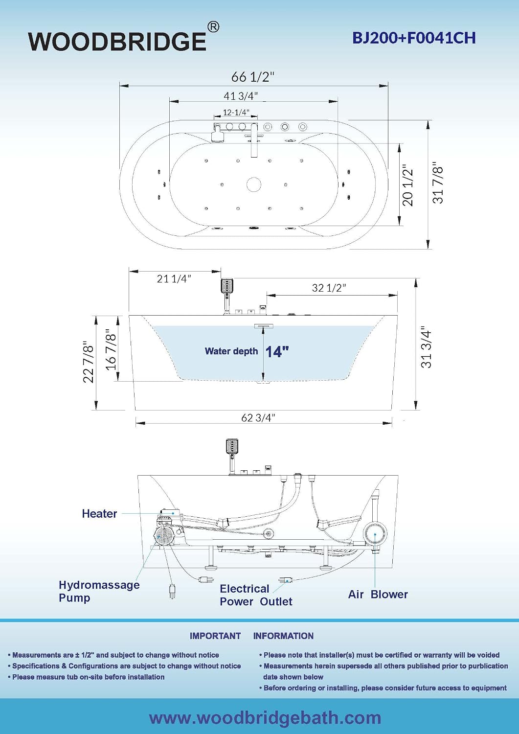 WOODBRIDGE 66-1/2' x 31-7/8' Whirlpool Water Jetted and Air Bubble Freestanding Heated Soaking Combination Bathtub with Faucet,BJ-200+F0041