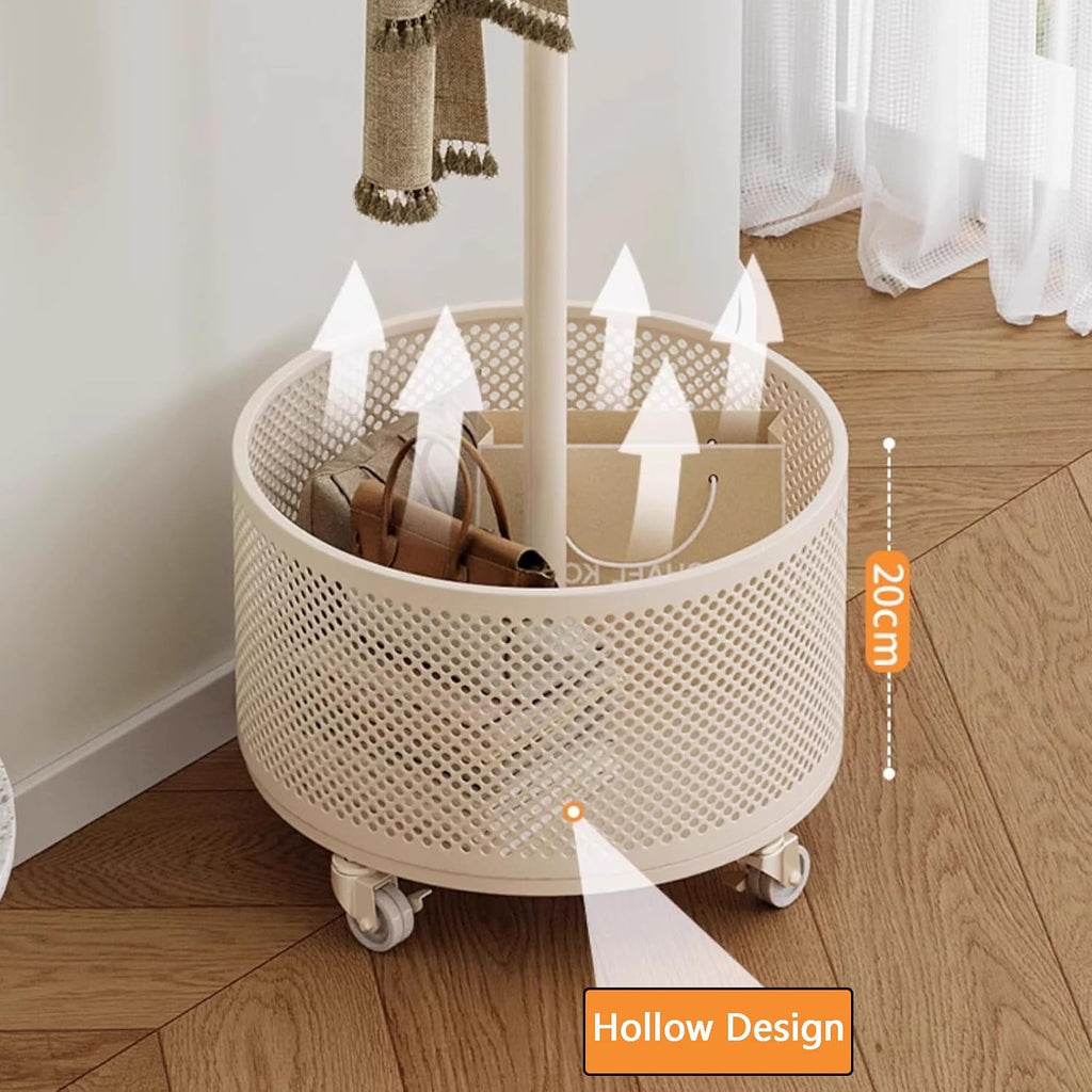 Heavy Duty Garment Rack Coat Rack with Storage Basket and 9 Hooks, Freestanding Clothes Hanger Stand with Wheels, Space Saving Clothing Rack for Entryway, Bedroom, Office, White, 42X175CM