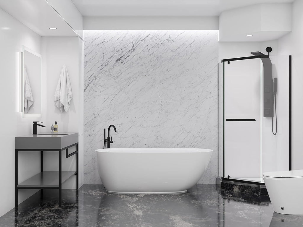 ANZZI Freestanding Bathtub Acrylic 59 In Flat Bottom Soaking Tub Glossy White One Piece Center Drain Overflow Included Slip Resistant Floor Adjustable Feet 79 Gal Capacity Ami Series | FT-AZ401-59