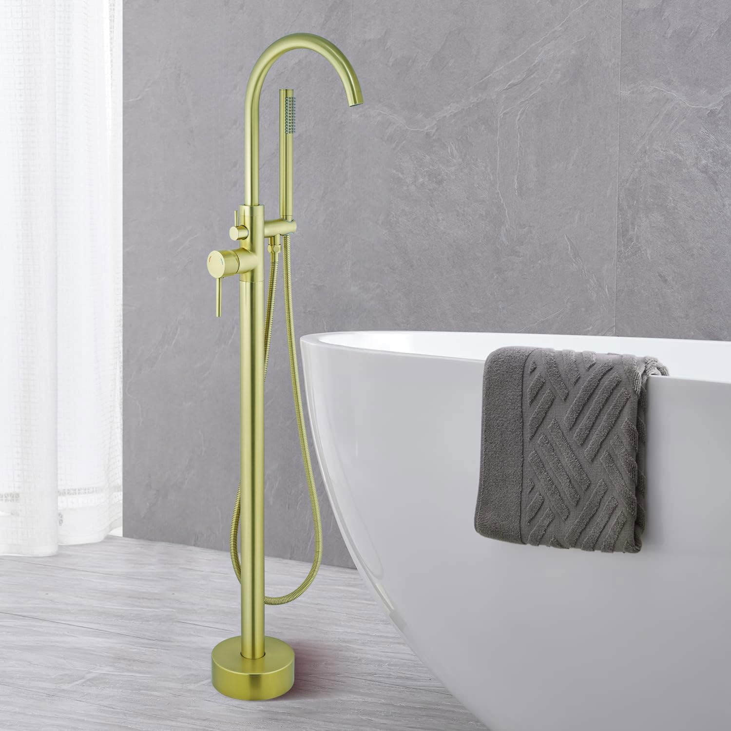 Free Standing Tub Faucet, Floor Mount Freestanding Tub Faucets, Brass Stand Alone Tub Filler, High Flow Bathtub Shower Mixer Tap (Brushed Gold)