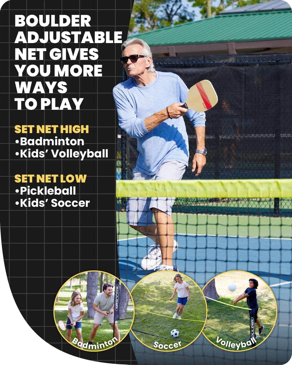 Boulder Portable Badminton Pickleball Net - Foldable/Extendable Poles for Multiple Sports Heights (UP to 5 ft) - Ideal for Tennis, Pickleball, Soccer Tennis - Easy Setup