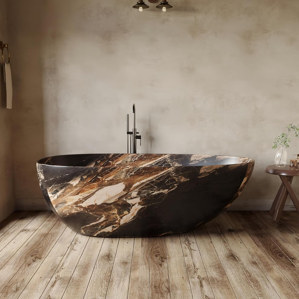 56' Edeyeu Freestanding Bathtub - Deep Soaking Tub with Engineered Stone Build, Ergonomic Backrest and Heat-Retaining Layers, Modern Solid Surface Bathtub for Luxury Home Spa Rock color C