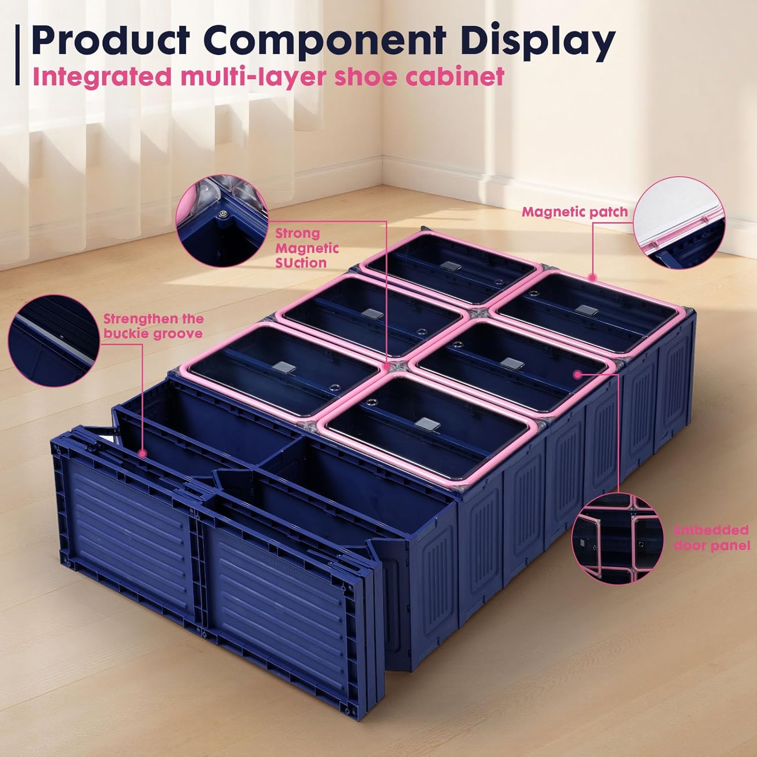 Folding Shoe Rack Storage Device,Large Plastic Folding Shoe Cabinet, Easy to Assemble Shoe Rack Storage Cabinet with Transparent Door Magnetic Buckle(9Tiers,36Pairs) Blue and Pink