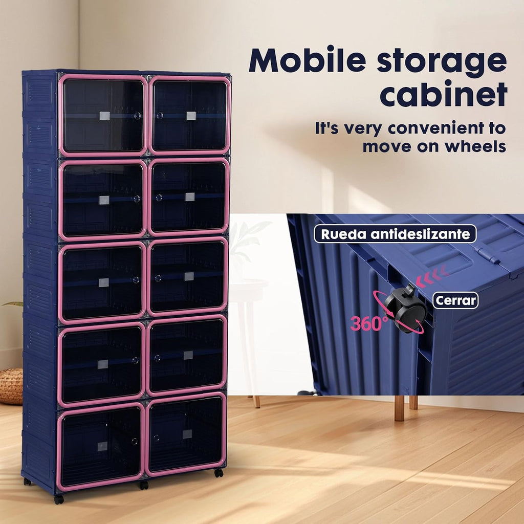 Folding Shoe Rack Storage Device,Large Plastic Folding Shoe Cabinet, Easy to Assemble Shoe Rack Storage Cabinet with Transparent Door Magnetic Buckle(9Tiers,36Pairs) Blue and Pink