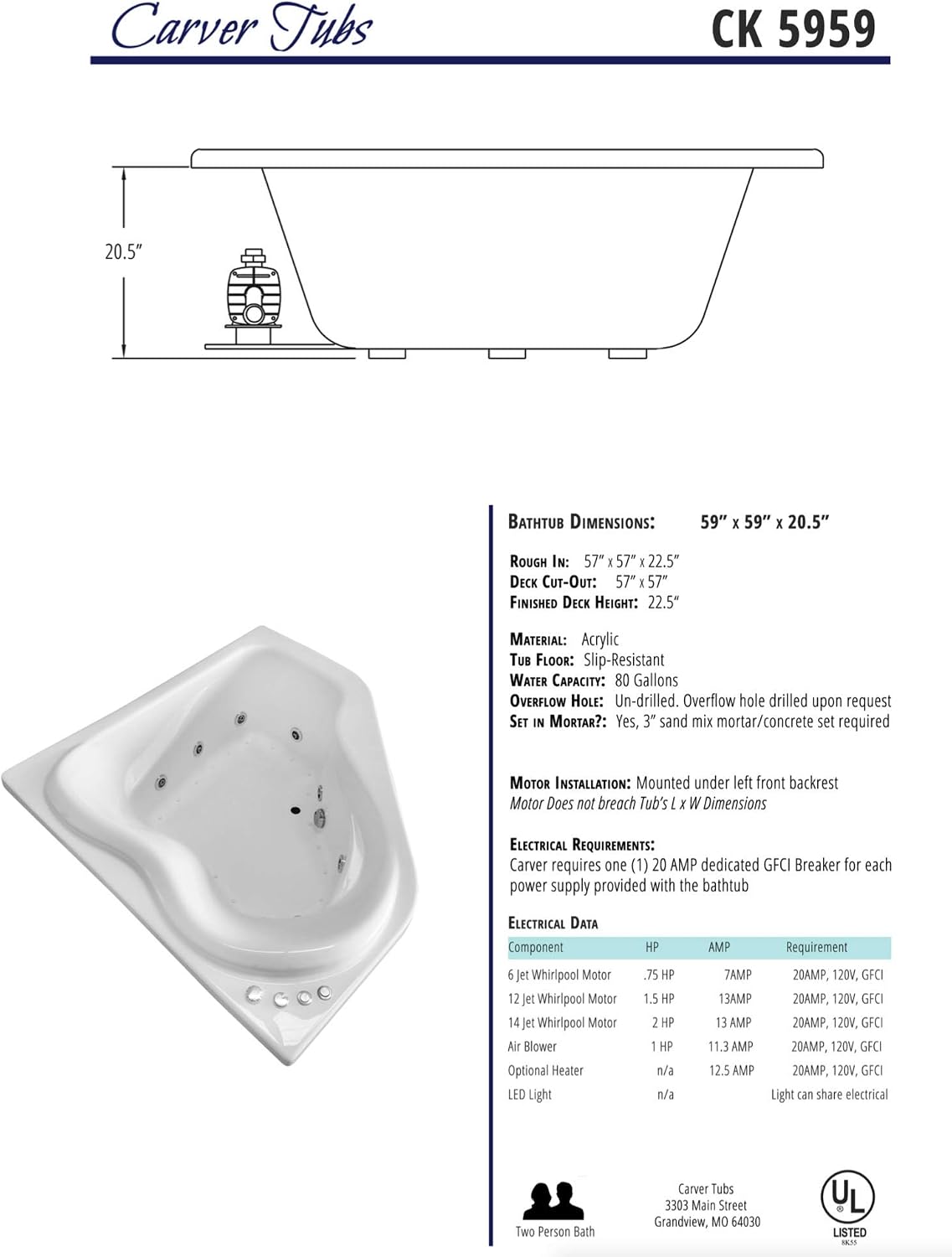 Carver Tubs - CK5959 - Modern Acrylic Fiberglass Soaking Corner Bathtub for Small Bathrooms - White Modern Curved Triangle Acrylic Bath Tub w/Headrest - Deep Relaxing Soak - 59'L x 59'W x 20.5'H
