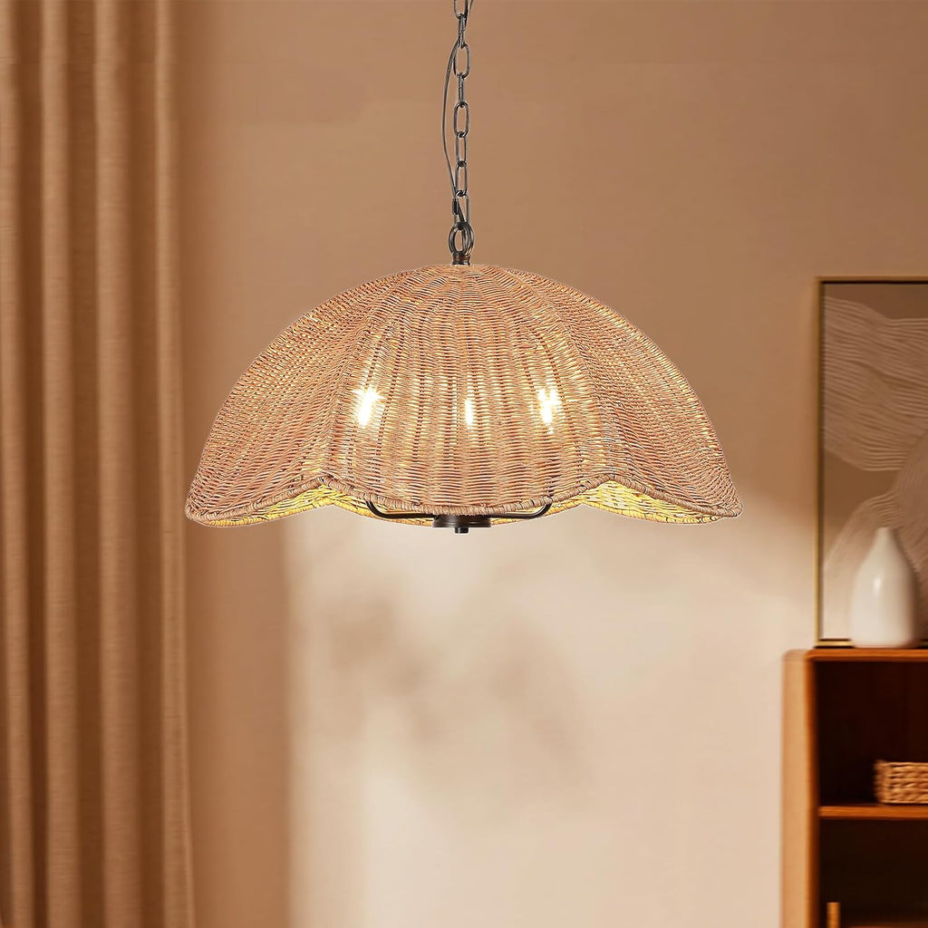 ocioc Rattan Pendant Lighting,23.6' Kitchen Island Hanging Light Fixtures,Large Boho Hand-Woven Chanderlier, E26 Farmhouse Retro Ceiling Chandelier 3-Lights for Dining Room Kitchen Island Living Room