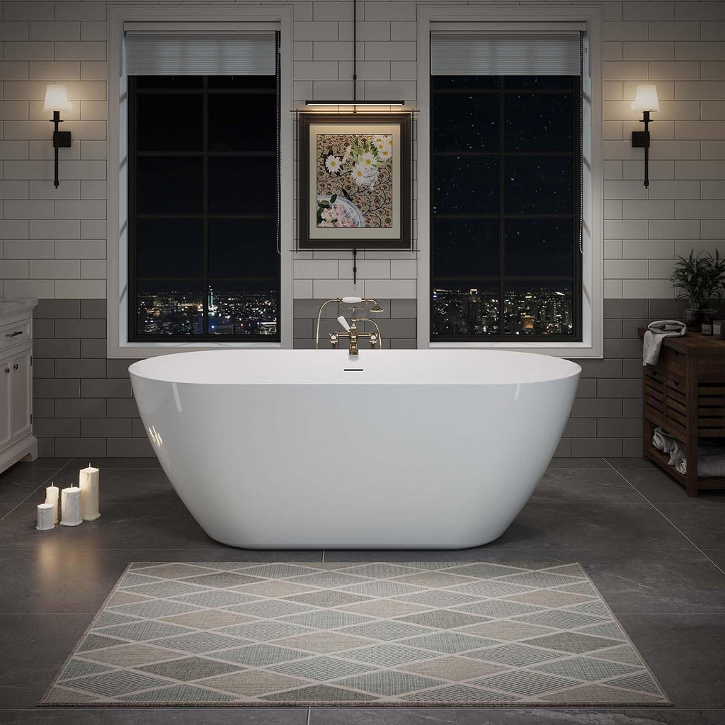 59' Acrylic Freestanding Bathtub White, Oval Shape Soaking Tub with Pop-up Chrome Drain, Free Standing Bathtubs CUPC Certified