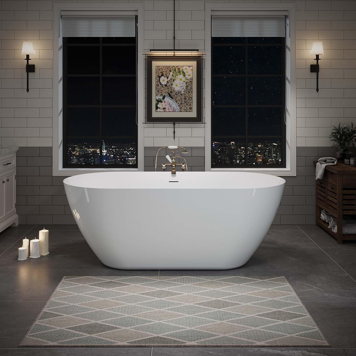 59' Acrylic Freestanding Bathtub White, Oval Shape Soaking Tub with Pop-up Chrome Drain, Free Standing Bathtubs CUPC Certified