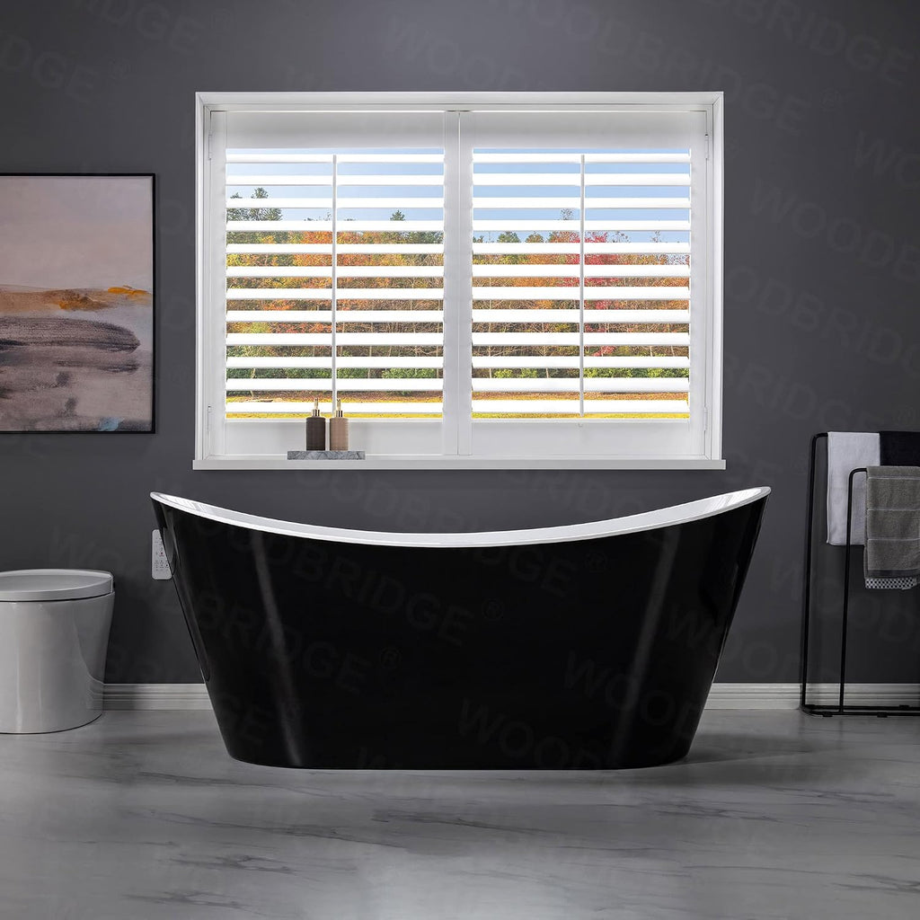 WOODBRIDGE 67' Acrylic Freestanding Bathtub Contemporary Soaking Tub with Brushed Nickel Overflow and Drain,Black,B1815-BN