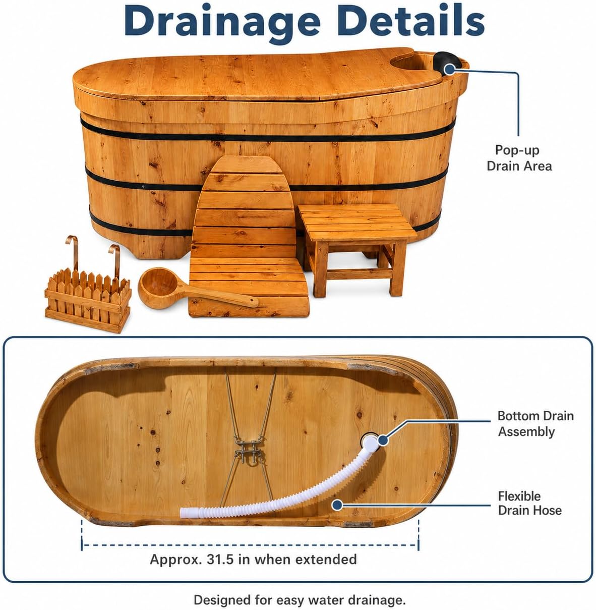 Multiple Sizes Soaking Tub Cedar Wood To Make An Adult Wooden Bathtub With Multiple Accessories To Combine Bathing Japanese Wooden Bathtubs (Natural Wood Color - Standard Package, 51.18 IN)