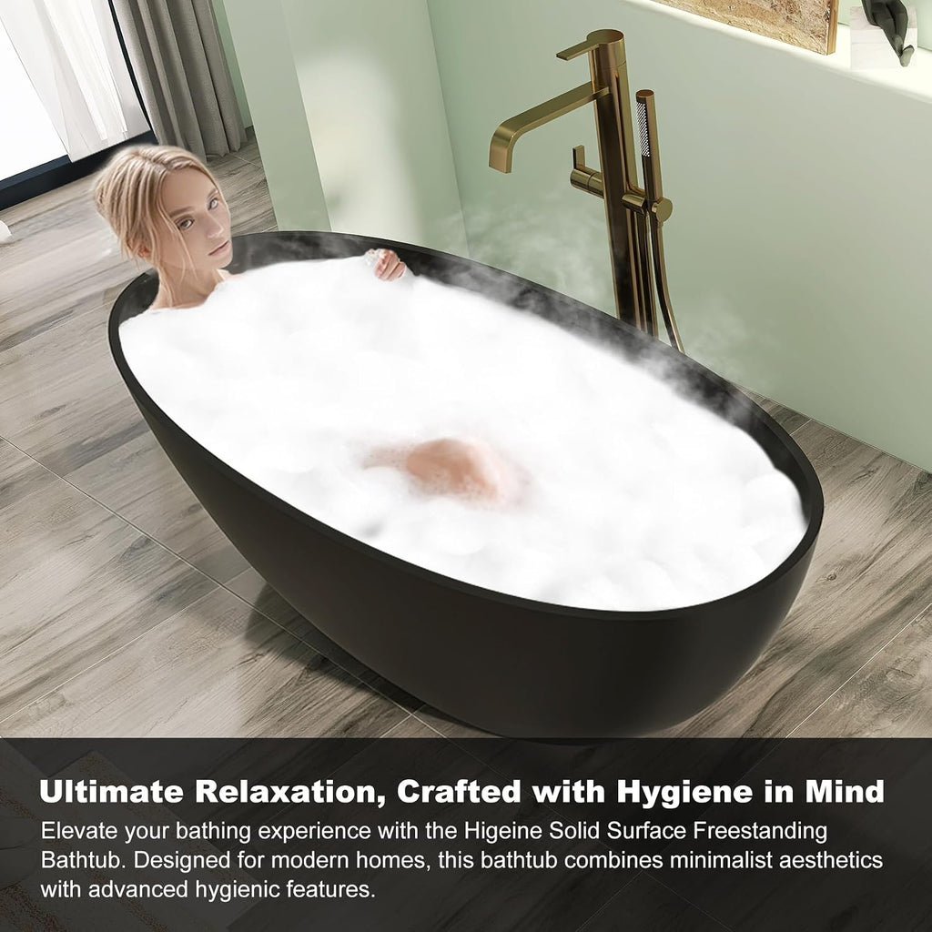 65' Premium Matte Black Solid Surface Freestanding Bath Tub, Oval Stone Resin Tub with Overflow and Pop-up Drain