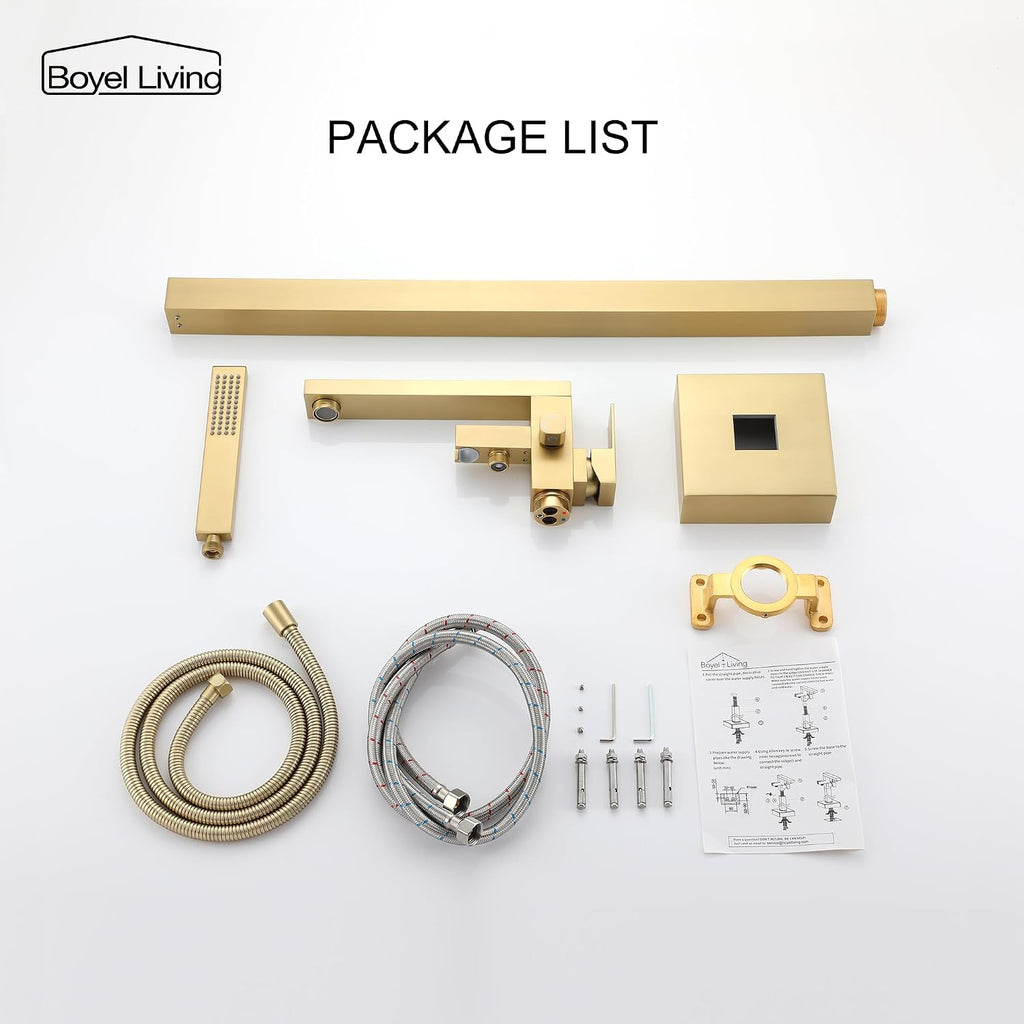 Boyel Living Freestanding Bathtub Faucet Tub Floor Mount Single Handle Filler Faucet with Hand Shower Brushed Gold