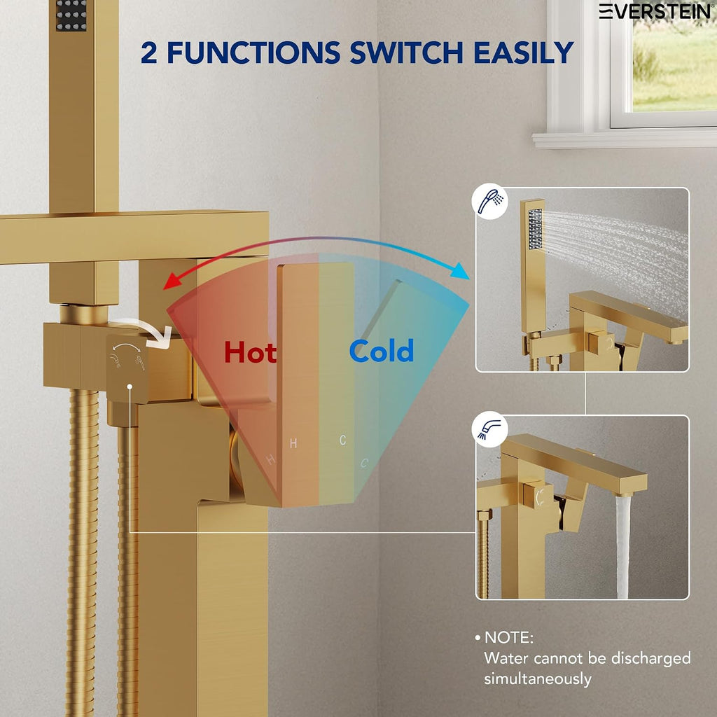 Freestanding Bathtub Faucet with Hand Held Shower, Floor Mount Tub Filler, Brass Bath Tub Faucet, Valve Included，Brushed Gold